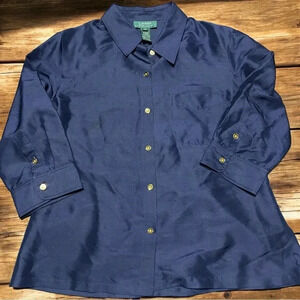 Ralph Lauren Petite 💯 Silk Button Up Shirt 3/4 Sleeves Navy Blue Gold Buttons
